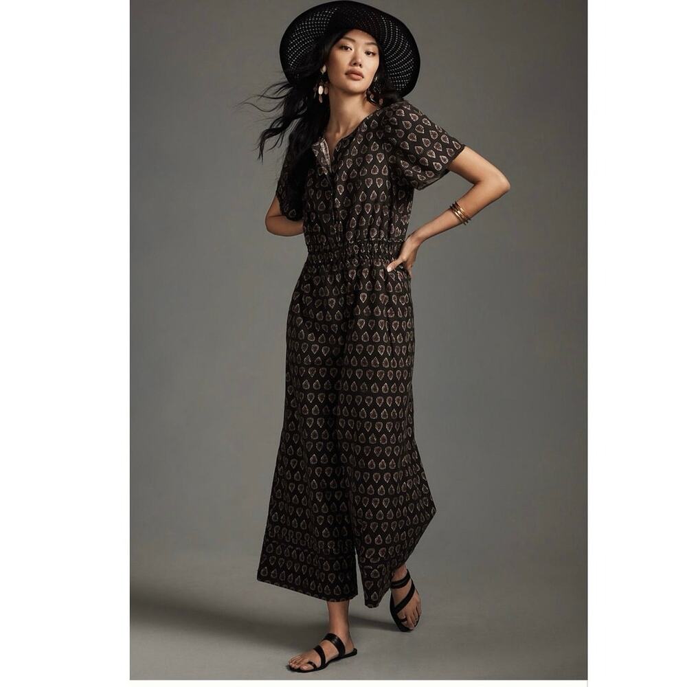 Anthropologie Somerset Wide Leg Jumpsuit Women’s Large Boho Black Paisley - Picture 5 of 14